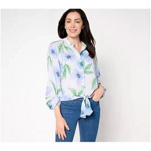 Belle by Kim Gravel Breezy Petals Button Tie Front Blouse Blue Combo 2X A704497